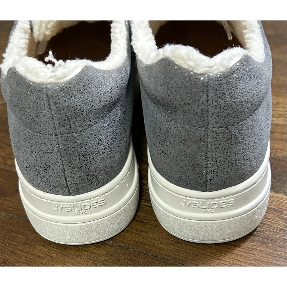 J/Slides Nada platform sneakers feature a pewter metallic suede upper Size 7